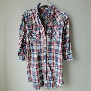 Alessandro Miele Womens Medium Plaid Shirt Dress 3/4 Sleeves Frayed Curved Hem